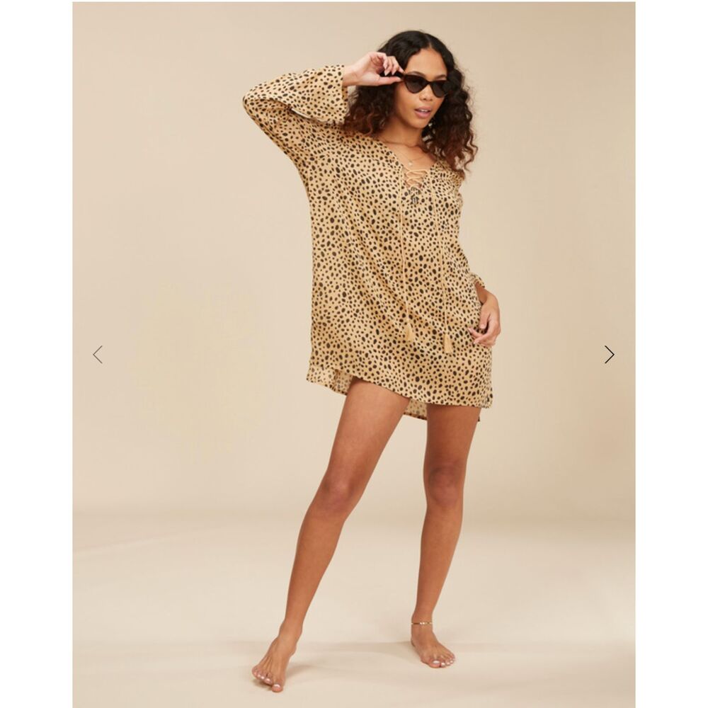 Billabong Semi-Sheer Cheetah Print Blue Skies Beach Lace Up Swim Coverup M - Picture 5 of 15